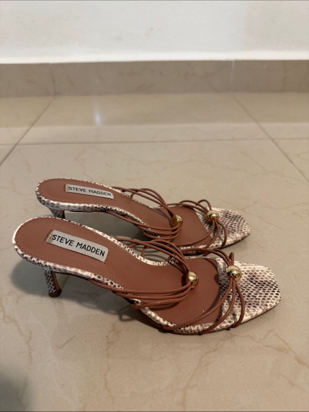 Steve Madden Brown Leather & Snake-Print Slide Mules with Gold Accents